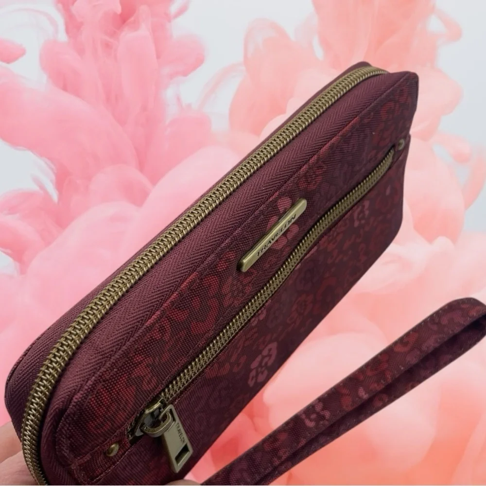 Travelon RFID Blocking Single Zip Wallet Floral Burgundy Rose Design